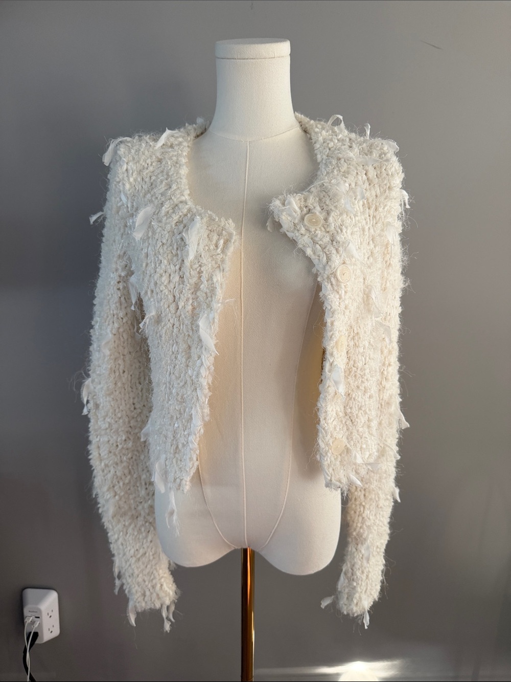 LOVESHACKFANCY Cream Textured Fringe Knit Jacket